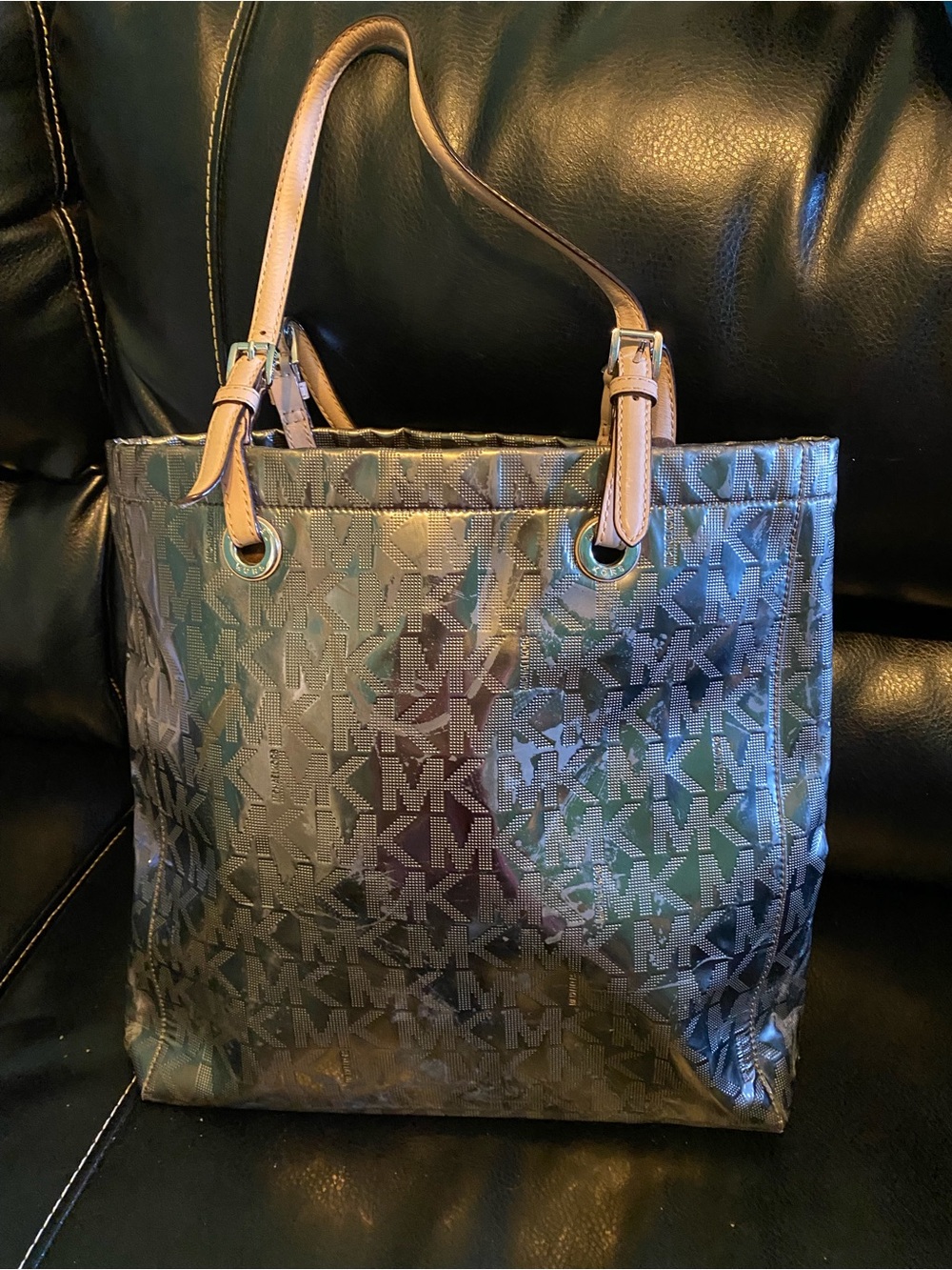 Michael Kors Black MK Logo Tote with Tan Leather Handles